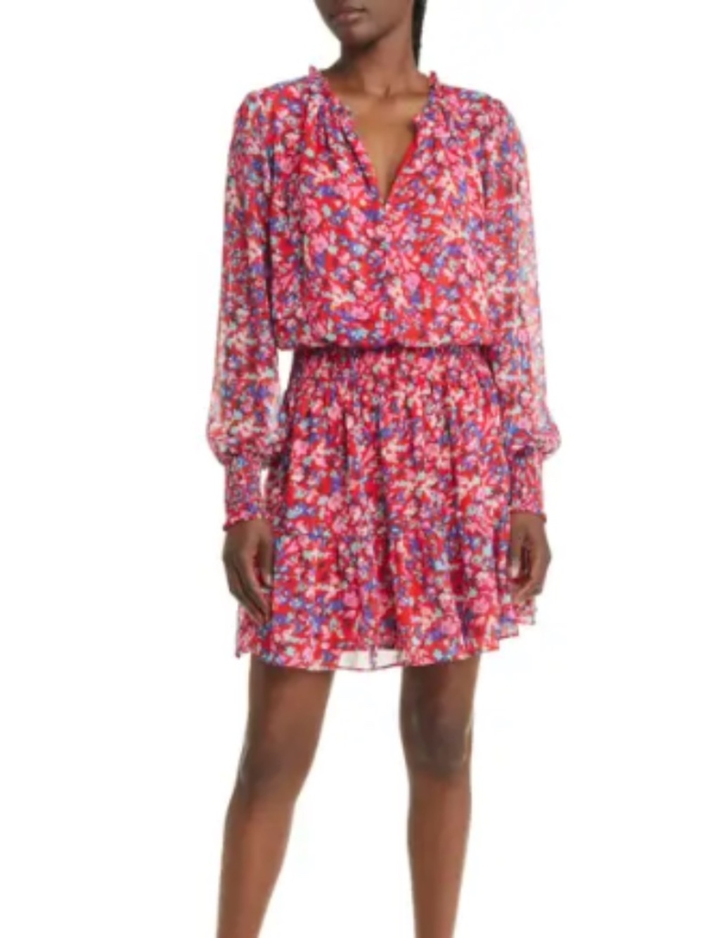 Chelsea28 Nordstrom Red Floral Smocked Waist Tiered Minidress - Size M